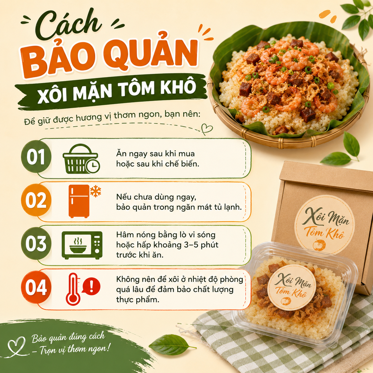 cách bảo quản xôi mặn tôm khô