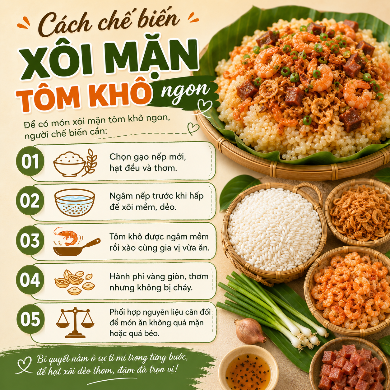 cách chế biến xôi mặn tôm khô